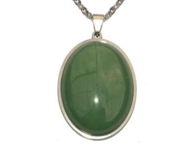 Collier Avec Pendentif En Aventurine Verte - Cabochon Ovale 25x18mm, Métal Argenté, Neuf