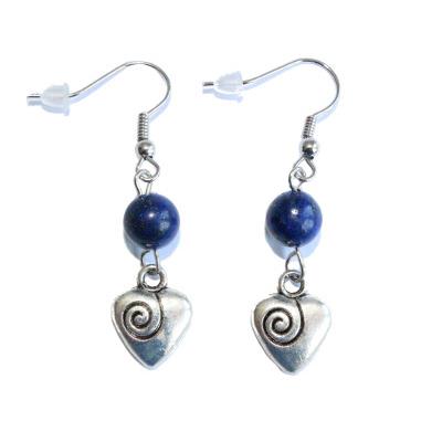 Boucles d'Oreilles Pierre Boule 8 mm en Lapis Lazuli spirale métal argenté