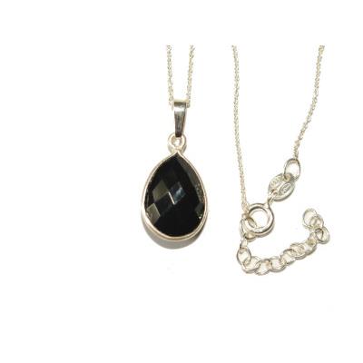 Pendentif Goutte Pierre Facettée en Agate noire Monture et Chainette en Argent 925
