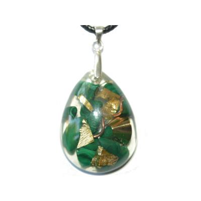 Pendentif Orgonite Goutte 30x20 mm Malachite et Feuilles d'Or Bélière Argent 925 Pièce Unique N°MALA-925-3