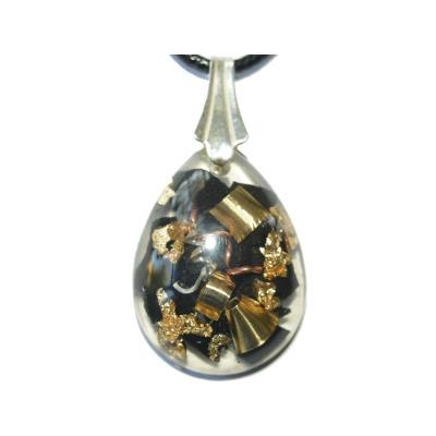 Pendentif Orgonite Goutte 30x20 mm Shungite et Feuilles d'Or Bélière Argent 925 Pièce Unique N°SHU-925-3