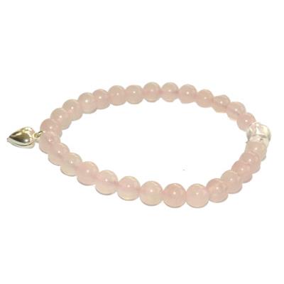 Bracelet en Pierre boule de Quartz rose 6mm et Coeur en Argent 925