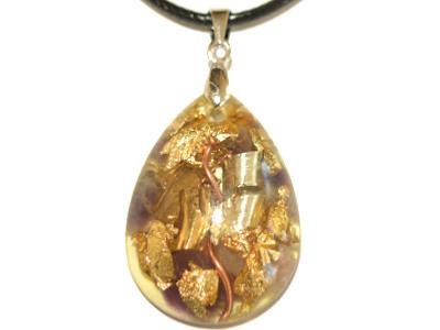 Pendentif Orgonite Goutte 30x20 mm Améthyste et Feuilles d'Or Bélière Argent 925 Pièce Unique N°AMETH-925-2