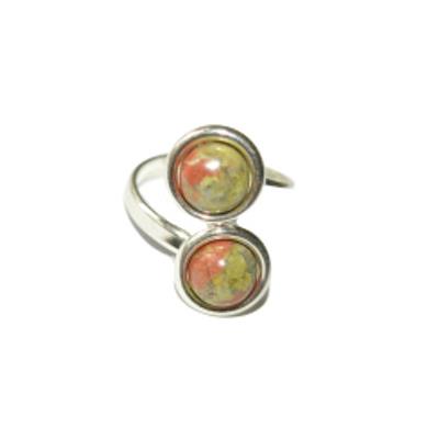 Bague en Argent Double Cabochons Ronds de 8mm en Pierre d'Unakite