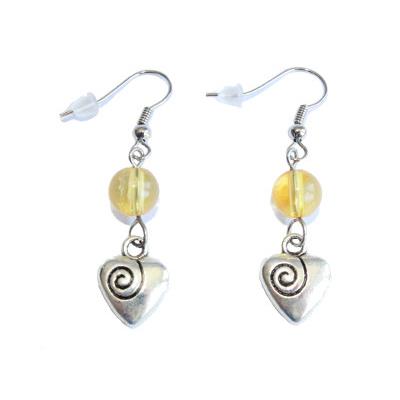 Boucles d'Oreilles Pierre Boule 8 mm en Citrine Coeur Métal Argenté