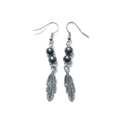 Boucles d'Oreilles Création en Pierres Boules d'Hématite (6 mm) Plumes Argentées