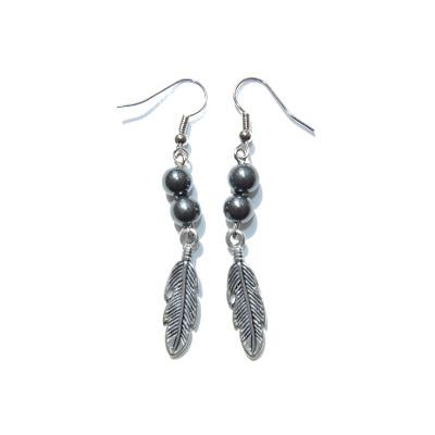 Boucles d'Oreilles Création en Pierres Boules d'Hématite (6 mm) Plumes Argentées