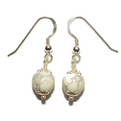 Boucles Crochets d'Oreilles Pierre Boule de 8mm en Howlite Blanche Monture en Argent 925