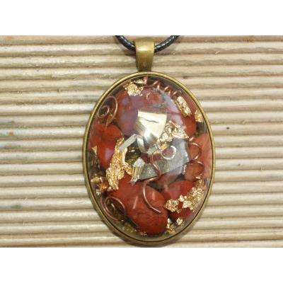 Orgonite Pendentif Cabochon Ovale 40x30 Jaspe Rouge et Feuilles d'Or Pièce Unique N°JSPRORG4030-1