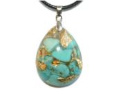 Pendentif Orgonite Goutte 30x20 mm Turquoise et Feuilles d'Or Blire Argent 925 Pice Unique NTUR-925-3