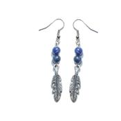 Boucles d'Oreilles Création en Pierres Boules de Sodalite (6 mm) Plumes Argentées