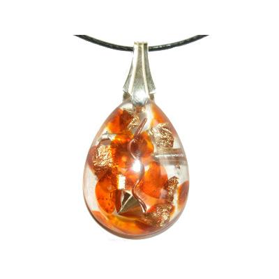 Pendentif Orgonite Goutte 30x20 mm Ambre et Feuilles d'Or Bélière Argent 925 Pièce Unique N°AMBGAG-2