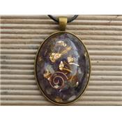 Orgonite Pendentif Cabochon Ovale 40x30 Améthyste et Feuilles d'Or Pièce Unique N°AMETHORG4030-1