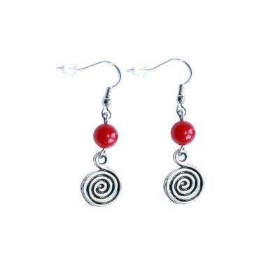 Boucles d'Oreilles Pierre Boule 8 mm en Corail Rouge Spirale métal argenté