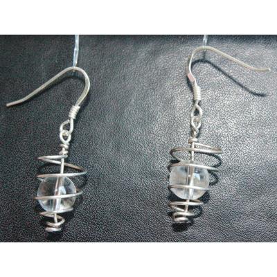 Boucles d'Oreilles Pierre Boule en Cristal de Roche Spirale Argent 925