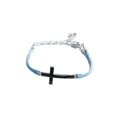 Bracelet Réglable Croix Noire Cordon BLEU Turquoise