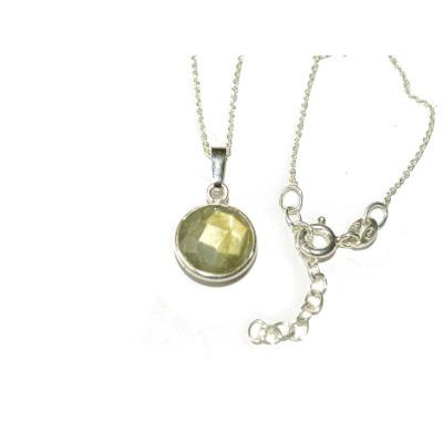 Pendentif Rond Pierre Facettée en Labradorite Monture et Chainette en Argent 925