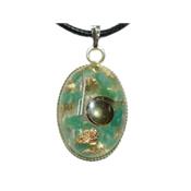 Pendentif Orgonite Cabochon Ovale 25x18 mm Amazonite et Feuilles d'Or Pièce Unique N°25AMZ-2