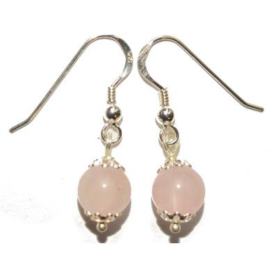 Boucles Crochets d'Oreilles Pierre Boule de 8mm en Quartz Rose Monture en Argent 925