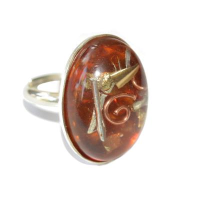 Bague Orgonite Cabochon Ovale 25x18 mm Ambre et Feuilles d'Or Support Argent 925 Pièce Unique N° BOA-AMB