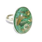 Bague Orgonite Cabochon Ovale 25x18 mm Amazonite et Feuilles d'Or Support Argent 925 Pièce Unique N° BOA-AMAZ-1