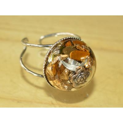 Bague Orgonite Cabochon Rond 18mm Oeil de Tigre et Feuille d'Or Pièce Unique N°ORGTIG-2