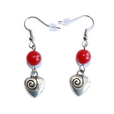 Boucles d'Oreilles Pierre Boule 8 mm en Corail Rouge Coeur métal argenté