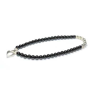 Bracelet en Pierres Boules d'Hématite 4 mm Perles et Coeur en Argent 925