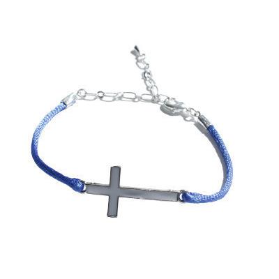 Bracelet Réglable Croix Blanche Cordon Bleu