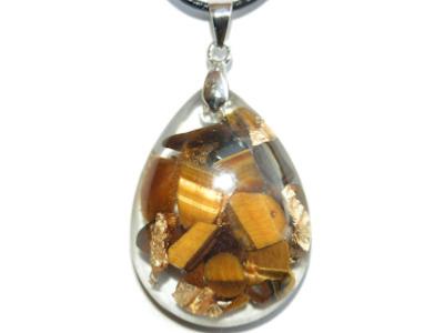 Pendentif Orgonite Goutte 30x20 mm Oeil de Tigre et Feuilles d'Or Bélière Argent 925 Pièce Unique N°TIG-925-3