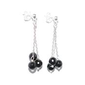 Agate Noire Clous d'Oreilles 3 Pierres Boules Facettées sur Argent 925