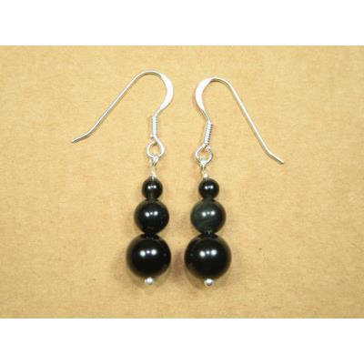 Obsidienne Oeil Céleste Pendants d'Oreilles 3 Pierres Boules Sur Argent 925