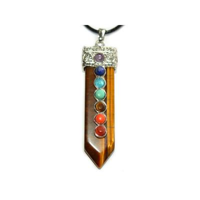 7 Chakras Pendentif Pointe 4 à 5 cm en Oeil de Tigre Montage Argenté