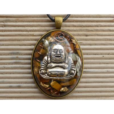 Orgonite Pendentif Cabochon Ovale 40x30 Oeil de Tigre Bouddha et Feuilles d'Or Pièce Unique N°OTGBORG4030-1