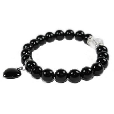 Bracelet en Pierres Boules 8 mm d'Agate Noire et Coeur 12 mm