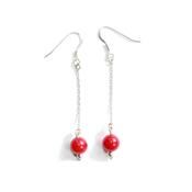 Boucles d'Oreilles Pierre Boule en Corail Rouge (8 mm) Monture Chainette Argent 925