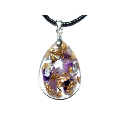 Pendentif Orgonite Goutte 30x20 mm Améthyste et Feuilles d'Or Pièce Unique N°3020amth-1