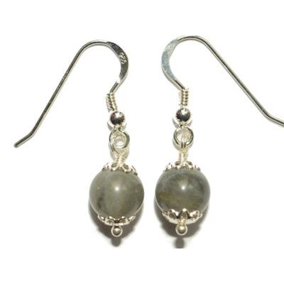 Boucles Crochets d'Oreilles Pierre Boule de 8mm en Labradorite Monture en Argent 925