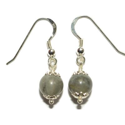 Boucles Crochets d'Oreilles Pierre Boule de 8mm en Labradorite Monture en Argent 925