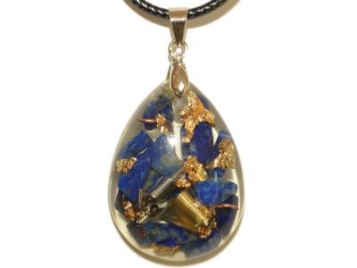 Pendentif Orgonite Goutte 30x20 mm Lapis lazuli et Feuilles d'Or Bélière Argent 925 Pièce Unique N°LAP-925-2