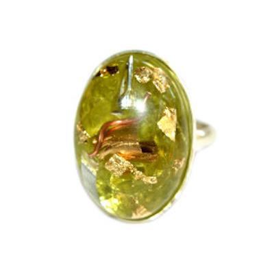 Bague Orgonite Cabochon Ovale 25x18 mm Péridot et Feuilles d'Or Support Argent 925 Pièce Unique N° BOA-PER