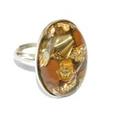 Bague Orgonite Cabochon Ovale 25x18 mm Oeil de Tigre et Feuilles d'Or Support Argent 925 Pièce Unique N° BOA-TIG-3