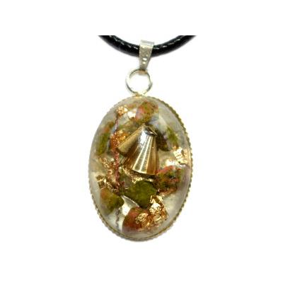 Pendentif Orgonite Cabochon Ovale 25x18 mm Unakite et Feuilles d'Or Pièce Unique N°25UNAK-2