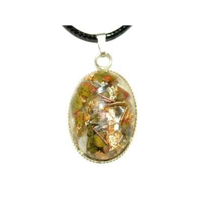 Pendentif Orgonite Cabochon Ovale 25x18 mm Unakite et Feuilles d'Or Pièce Unique N°25UNAK1