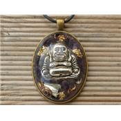 Orgonite Pendentif Cabochon Ovale 40x30 Améthyste Bouddha et Feuilles d'Or Pièce Unique N°AMTHBORG4030-1