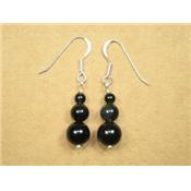 Agate Noire Pendants d'Oreilles 3 Pierres Boules sur Argent 925