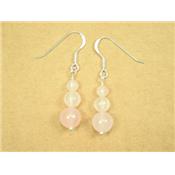 Quartz Rose Pendants d'Oreilles 3 Pierres Boules Sur Argent 925