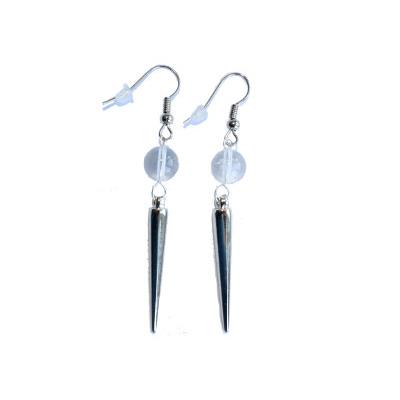 Boucles d'Oreilles Pierre Boule 8 mm en Cristal de Roche pointe couleur argenté