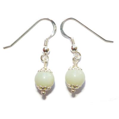 Boucles Crochets d'Oreilles Pierre Boule de 8mm en Jade de Chine Monture en Argent 925