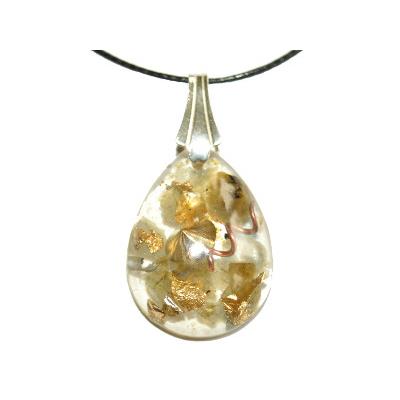 Pendentif Orgonite Goutte 30x20 mm Labradorite et Feuilles d'Or Bélière Argent 925 Pièce Unique N°Labr-925-1